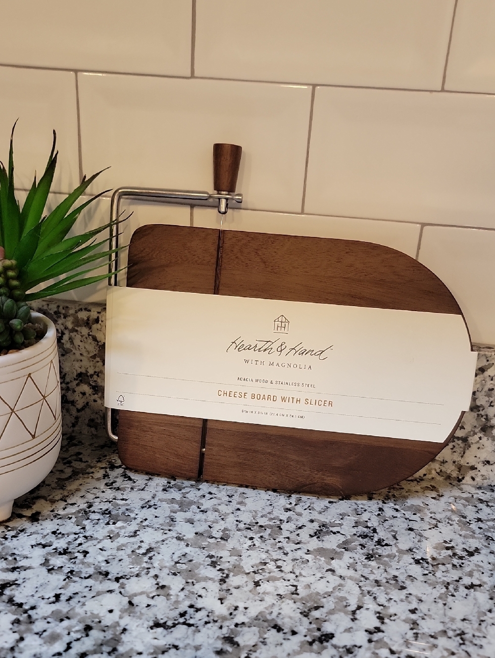 Hearth & Hand dark brown acacia cheese board with built-in slicer